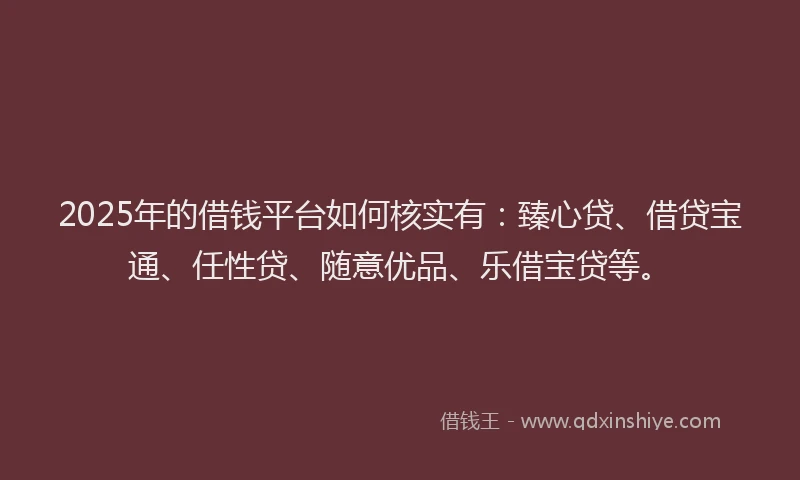 2025年的借钱平台如何核实有：臻心贷、借贷宝通、任性贷、随意优品、乐借宝贷等。