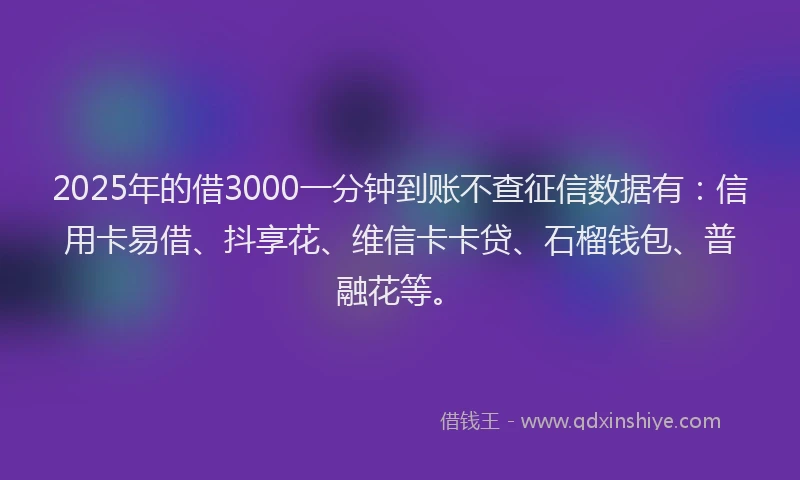 2025年的借3000一分钟到账不查征信数据有：信用卡易借、抖享花、维信卡卡贷、石榴钱包、普融花等。