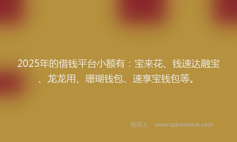 2025年的借钱平台小额有：宝来花、钱速达融宝、龙龙用、珊瑚钱包、速享宝钱包等。