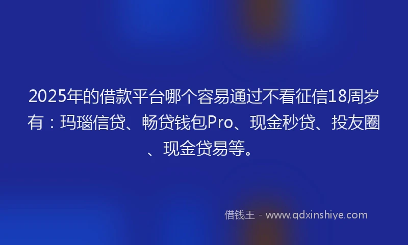 2025年的借款平台哪个容易通过不看征信18周岁有：玛瑙信贷、畅贷钱包Pro、现金秒贷、投友圈、现金贷易等。