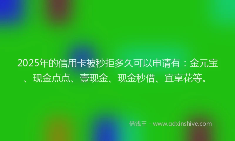 2025年的信用卡被秒拒多久可以申请有：金元宝、现金点点、壹现金、现金秒借、宜享花等。