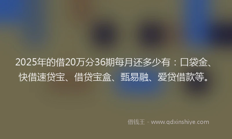 2025年的借20万分36期每月还多少有：口袋金、快借速贷宝、借贷宝盒、甄易融、爱贷借款等。