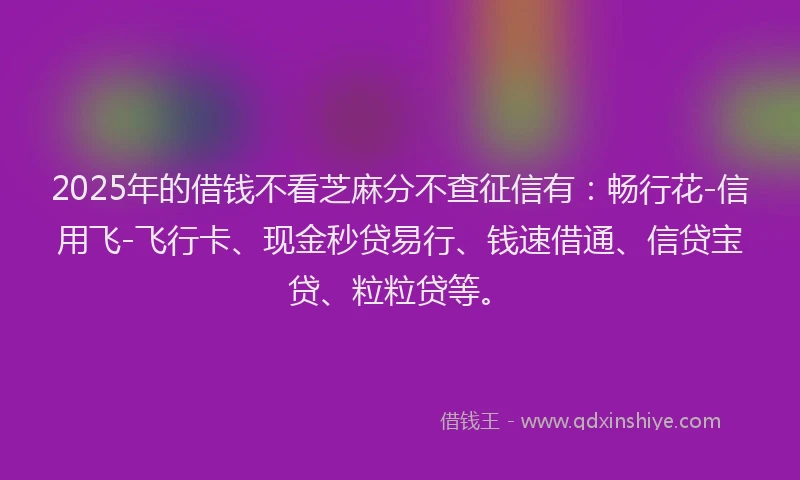 2025年的借钱不看芝麻分不查征信有：畅行花-信用飞-飞行卡、现金秒贷易行、钱速借通、信贷宝贷、粒粒贷等。