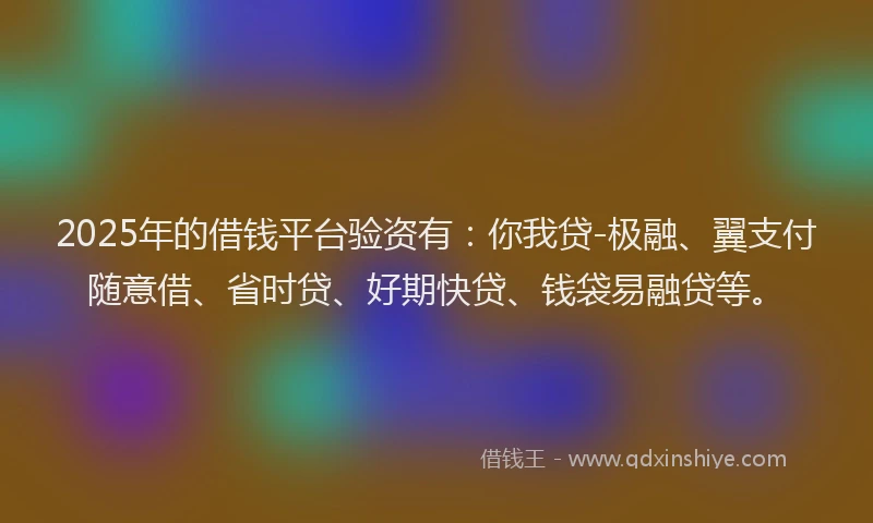 2025年的借钱平台验资有:你我贷-极融、翼支付随意借、省时贷、好期快贷、钱袋易融贷等。