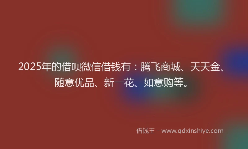 2025年的借呗微信借钱有：腾飞商城、天天金、随意优品、新一花、如意购等。