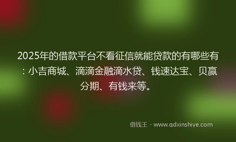 2025年的借款平台不看征信就能贷款的有哪些有：小吉商城、滴滴金融滴水贷、钱速达宝、贝赢分期、有钱来等。