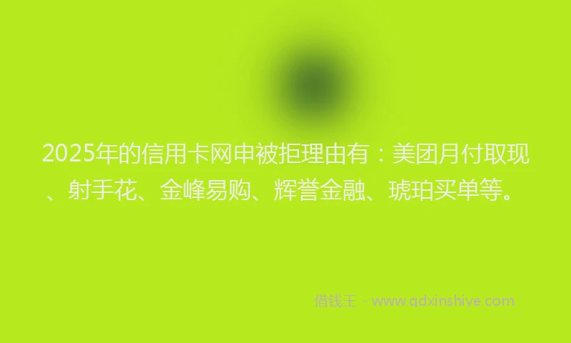 2025年的信用卡网申被拒理由有：美团月付取现、射手花、金峰易购、辉誉金融、琥珀买单等。