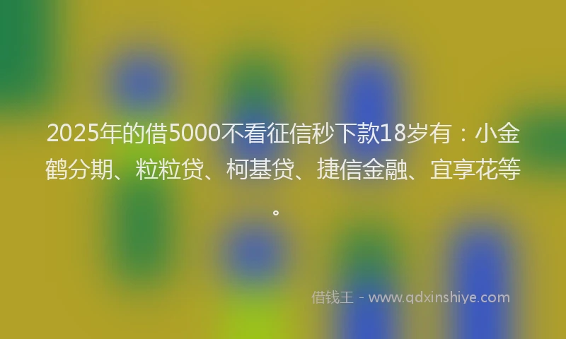 2025年的借5000不看征信秒下款18岁有：小金鹤分期、粒粒贷、柯基贷、捷信金融、宜享花等。