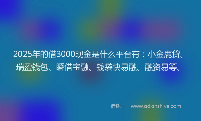 2025年的借3000现金是什么平台有：小金鹿贷、瑞盈钱包、瞬借宝融、钱袋快易融、融资易等。