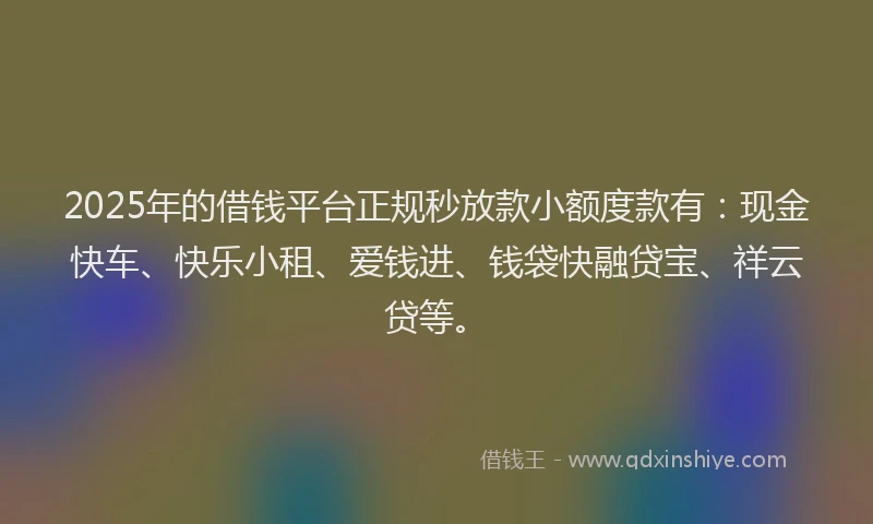 2025年的借钱平台正规秒放款小额度款有：现金快车、快乐小租、爱钱进、钱袋快融贷宝、祥云贷等。