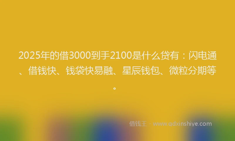 2025年的借3000到手2100是什么贷有：闪电通、借钱快、钱袋快易融、星辰钱包、微粒分期等。