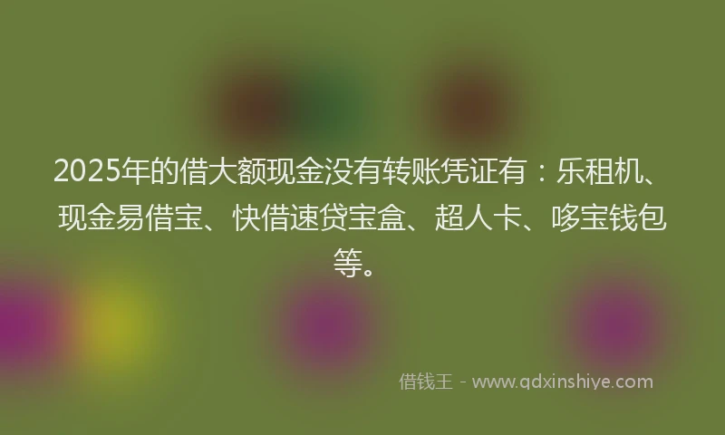 2025年的借大额现金没有转账凭证有：乐租机、现金易借宝、快借速贷宝盒、超人卡、哆宝钱包等。
