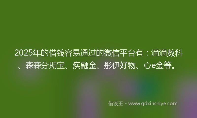 2025年的借钱容易通过的微信平台有：滴滴数科、森森分期宝、疾融金、彤伊好物、心e金等。