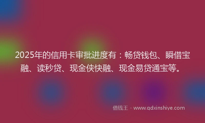 2025年的信用卡审批进度有：畅贷钱包、瞬借宝融、读秒贷、现金侠快融、现金易贷通宝等。