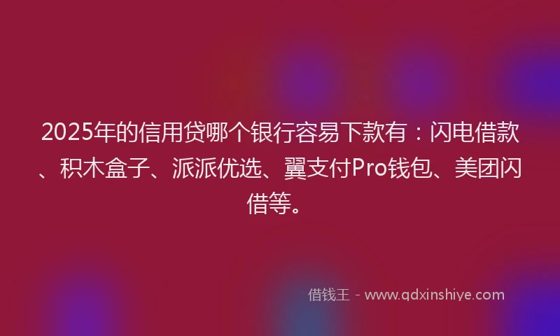 2025年的信用贷哪个银行容易下款有：闪电借款、积木盒子、派派优选、翼支付Pro钱包、美团闪借等。
