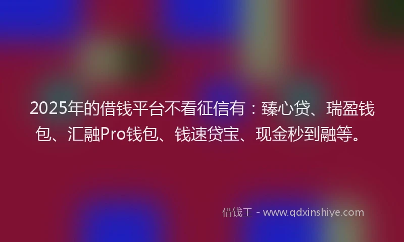 2025年的借钱平台不看征信有：臻心贷、瑞盈钱包、汇融Pro钱包、钱速贷宝、现金秒到融等。
