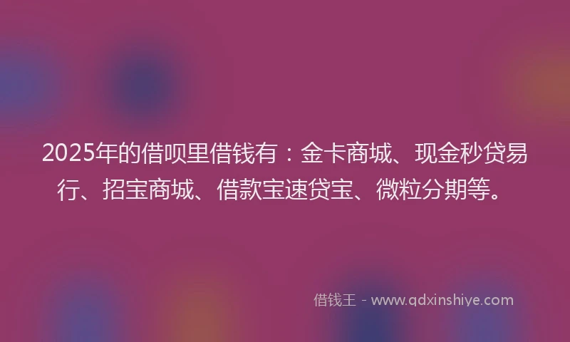 2025年的借呗里借钱有：金卡商城、现金秒贷易行、招宝商城、借款宝速贷宝、微粒分期等。