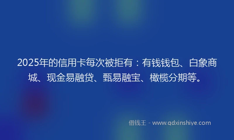2025年的信用卡每次被拒有:有钱钱包、白象商城、现金易融贷、甄易融宝、橄榄分期等。