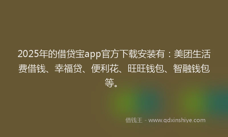 2025年的借贷宝app官方下载安装有：美团生活费借钱、幸福贷、便利花、旺旺钱包、智融钱包等。