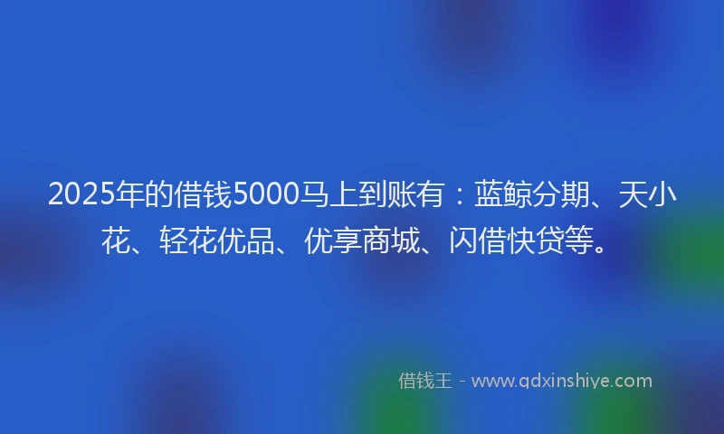 2025年的借钱5000马上到账有：蓝鲸分期、天小花、轻花优品、优享商城、闪借快贷等。