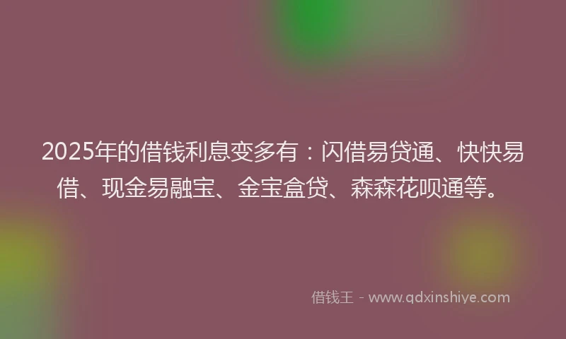 2025年的借钱利息变多有：闪借易贷通、快快易借、现金易融宝、金宝盒贷、森森花呗通等。