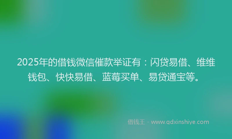 2025年的借钱微信催款举证有：闪贷易借、维维钱包、快快易借、蓝莓买单、易贷通宝等。