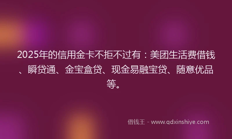 2025年的信用金卡不拒不过有：美团生活费借钱、瞬贷通、金宝盒贷、现金易融宝贷、随意优品等。