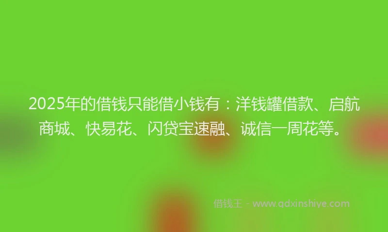 2025年的借钱只能借小钱有:洋钱罐借款、启航商城、快易花、闪贷宝速融、诚信一周花等。