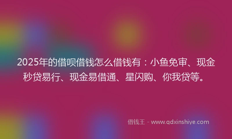 2025年的借呗借钱怎么借钱有：小鱼免审、现金秒贷易行、现金易借通、星闪购、你我贷等。