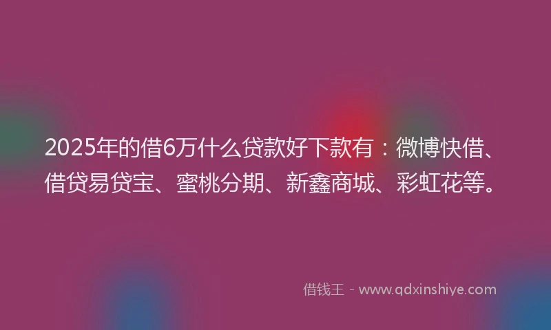 2025年的借6万什么贷款好下款有：微博快借、借贷易贷宝、蜜桃分期、新鑫商城、彩虹花等。