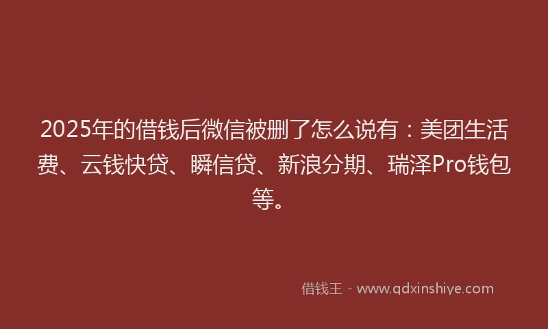 2025年的借钱后微信被删了怎么说有：美团生活费、云钱快贷、瞬信贷、新浪分期、瑞泽Pro钱包等。