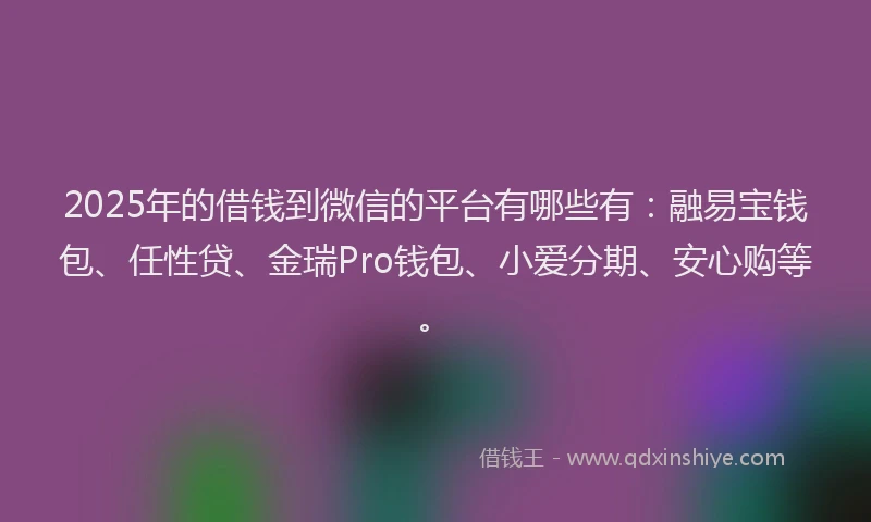 2025年的借钱到微信的平台有哪些有：融易宝钱包、任性贷、金瑞Pro钱包、小爱分期、安心购等。