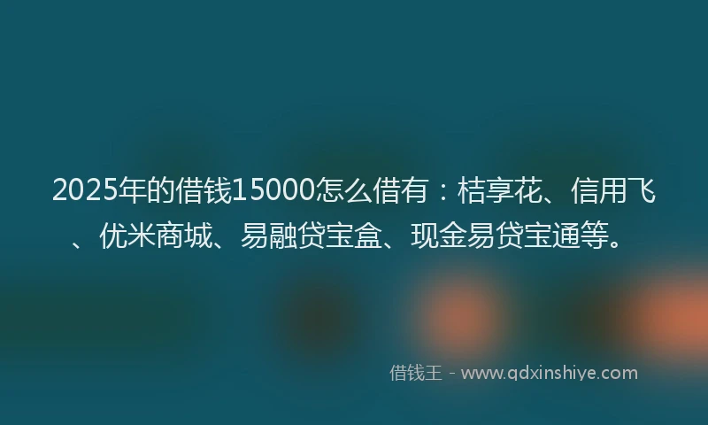 2025年的借钱15000怎么借有：桔享花、信用飞、优米商城、易融贷宝盒、现金易贷宝通等。