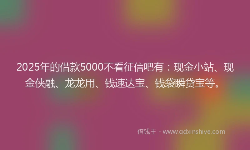 2025年的借款5000不看征信吧有：现金小站、现金侠融、龙龙用、钱速达宝、钱袋瞬贷宝等。