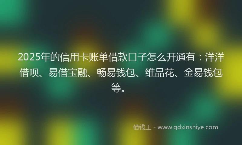 2025年的信用卡账单借款口子怎么开通有：洋洋借呗、易借宝融、畅易钱包、维品花、金易钱包等。