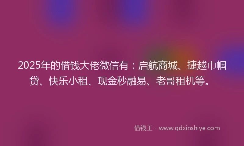 2025年的借钱大佬微信有：启航商城、捷越巾帼贷、快乐小租、现金秒融易、老哥租机等。