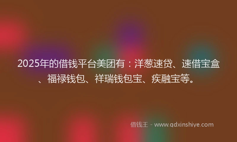 2025年的借钱平台美团有：洋葱速贷、速借宝盒、福禄钱包、祥瑞钱包宝、疾融宝等。