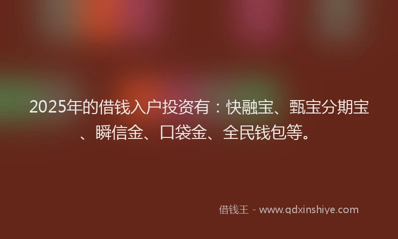 2025年的借钱入户投资有：快融宝、甄宝分期宝、瞬信金、口袋金、全民钱包等。