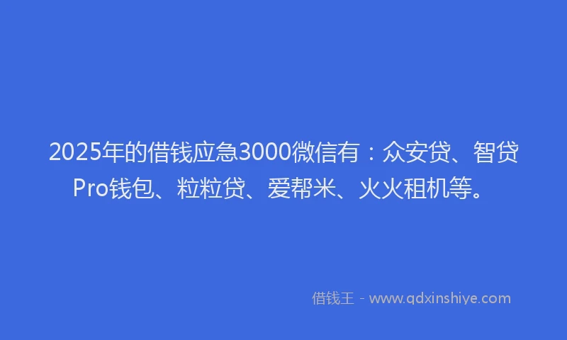 2025年的借钱应急3000微信有：众安贷、智贷Pro钱包、粒粒贷、爱帮米、火火租机等。