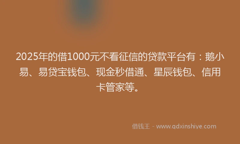 2025年的借1000元不看征信的贷款平台有：鹅小易、易贷宝钱包、现金秒借通、星辰钱包、信用卡管家等。