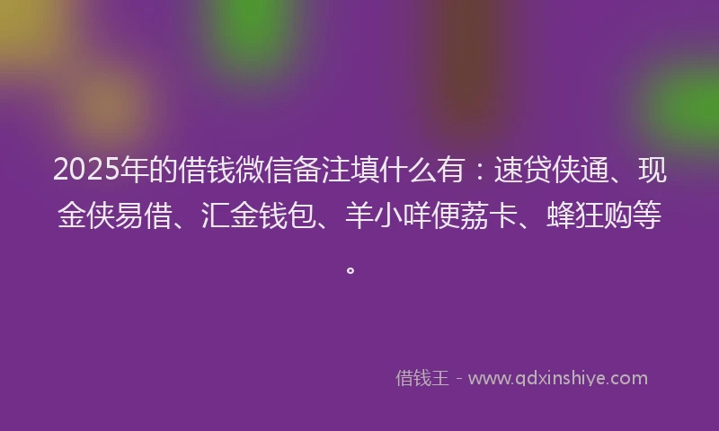 2025年的借钱微信备注填什么有：速贷侠通、现金侠易借、汇金钱包、羊小咩便荔卡、蜂狂购等。