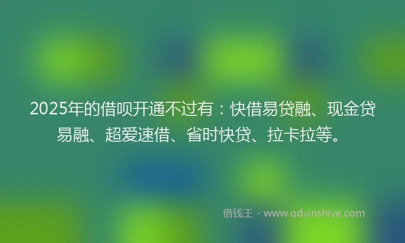 2025年的借呗开通不过有：快借易贷融、现金贷易融、超爱速借、省时快贷、拉卡拉等。