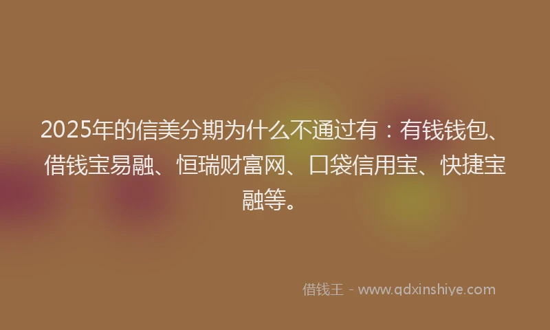 2025年的信美分期为什么不通过有：有钱钱包、借钱宝易融、恒瑞财富网、口袋信用宝、快捷宝融等。