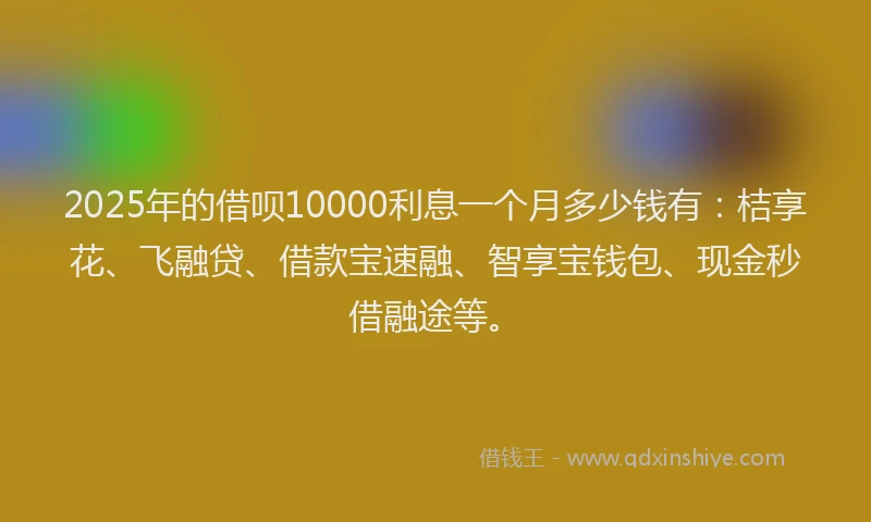 2025年的借呗10000利息一个月多少钱有：桔享花、飞融贷、借款宝速融、智享宝钱包、现金秒借融途等。