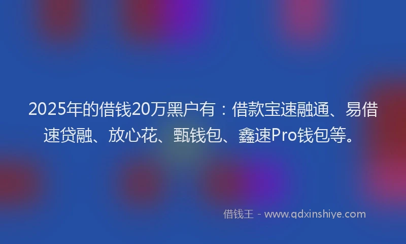 2025年的借钱20万黑户有：借款宝速融通、易借速贷融、放心花、甄钱包、鑫速Pro钱包等。