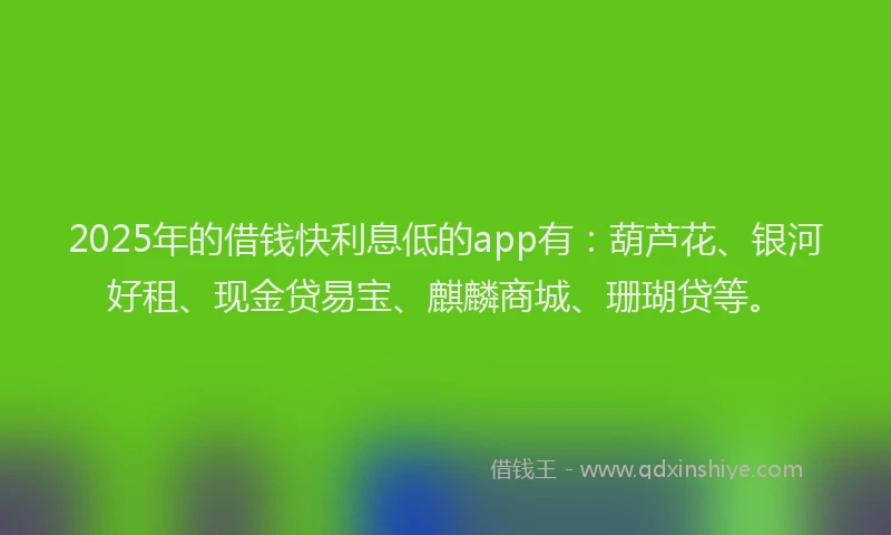 2025年的借钱快利息低的app有：葫芦花、银河好租、现金贷易宝、麒麟商城、珊瑚贷等。