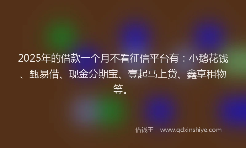 2025年的借款一个月不看征信平台有：小鹅花钱、甄易借、现金分期宝、壹起马上贷、鑫享租物等。