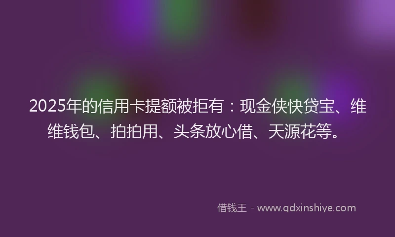 2025年的信用卡提额被拒有：现金侠快贷宝、维维钱包、拍拍用、头条放心借、天源花等。