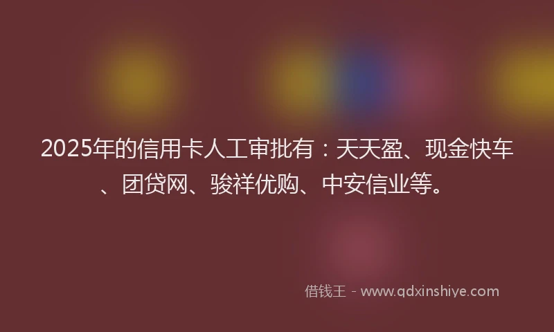 2025年的信用卡人工审批有：天天盈、现金快车、团贷网、骏祥优购、中安信业等。