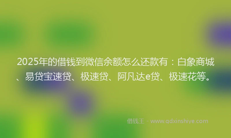 2025年的借钱到微信余额怎么还款有：白象商城、易贷宝速贷、极速贷、阿凡达e贷、极速花等。